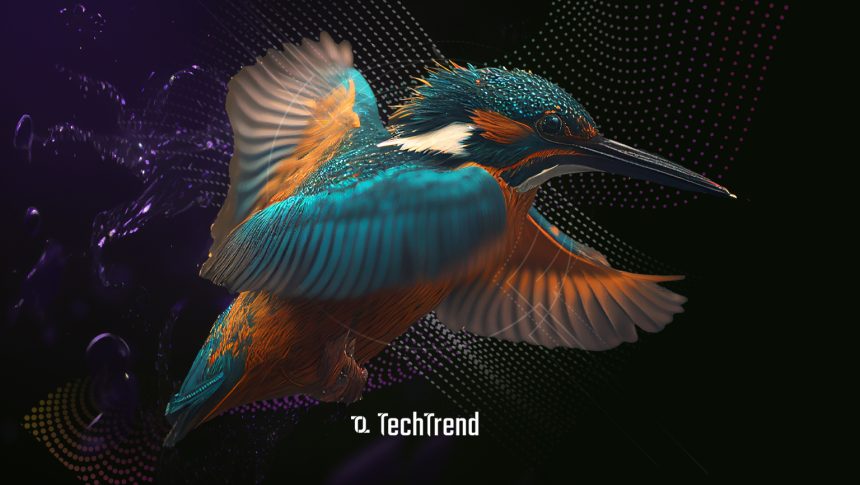 A kingfisher bird flutters in front of a sleek background with the TechTrend new logo